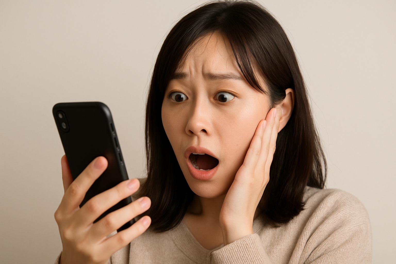スマホを見て驚いている女性